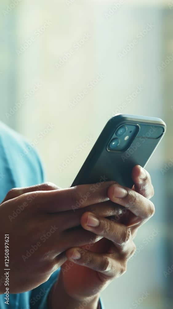 Poster network, phone and hands of business person in office for email response, connection and client feed