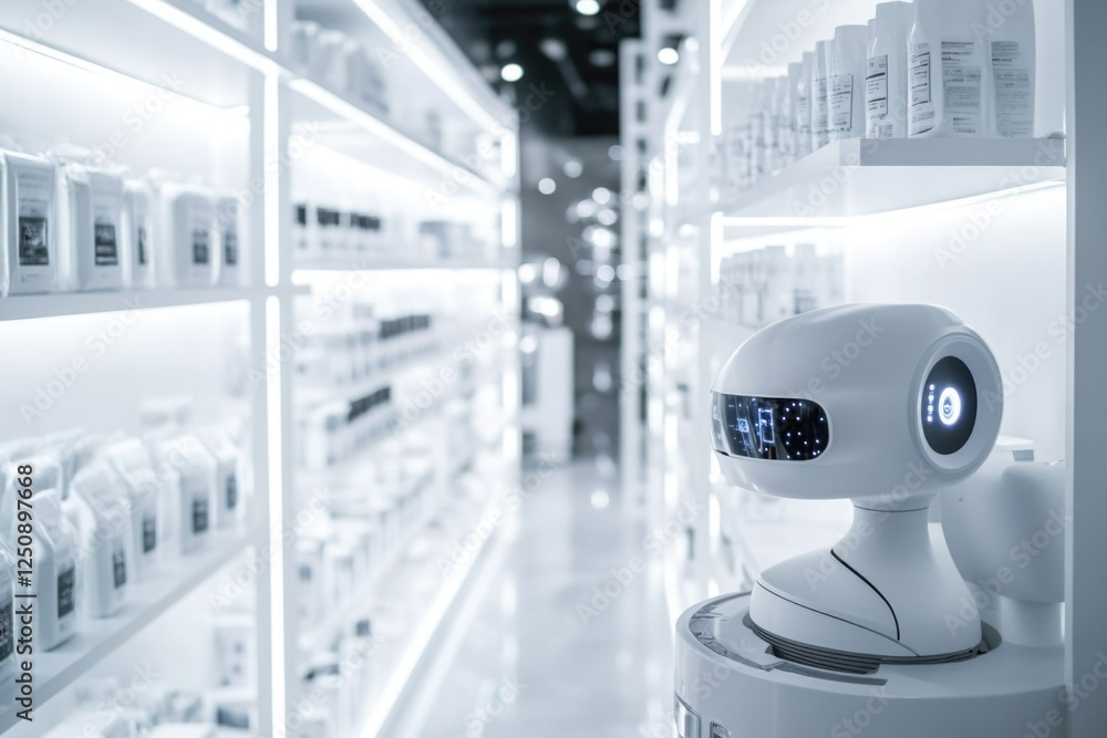 Poster a retail robot standing in a store, perfect for futuristic or technological themes