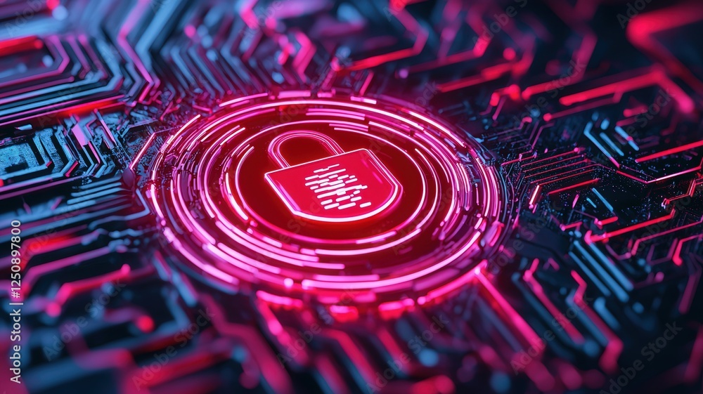 Poster glowing pink padlock cybersecurity amid digital circuitry representing network security and data pri