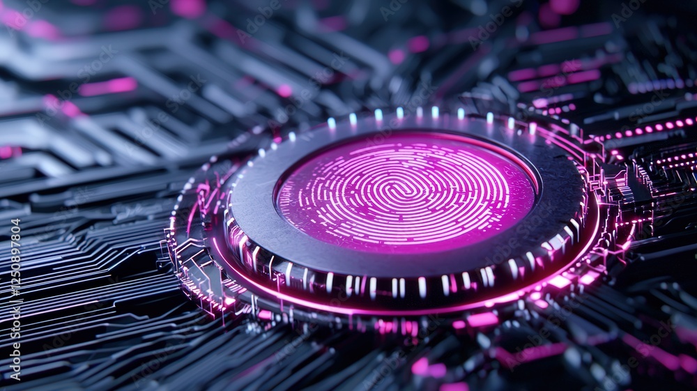 Poster glowing digital fingerprint on a sleek interface, symbolizing advanced biometric security and futuri