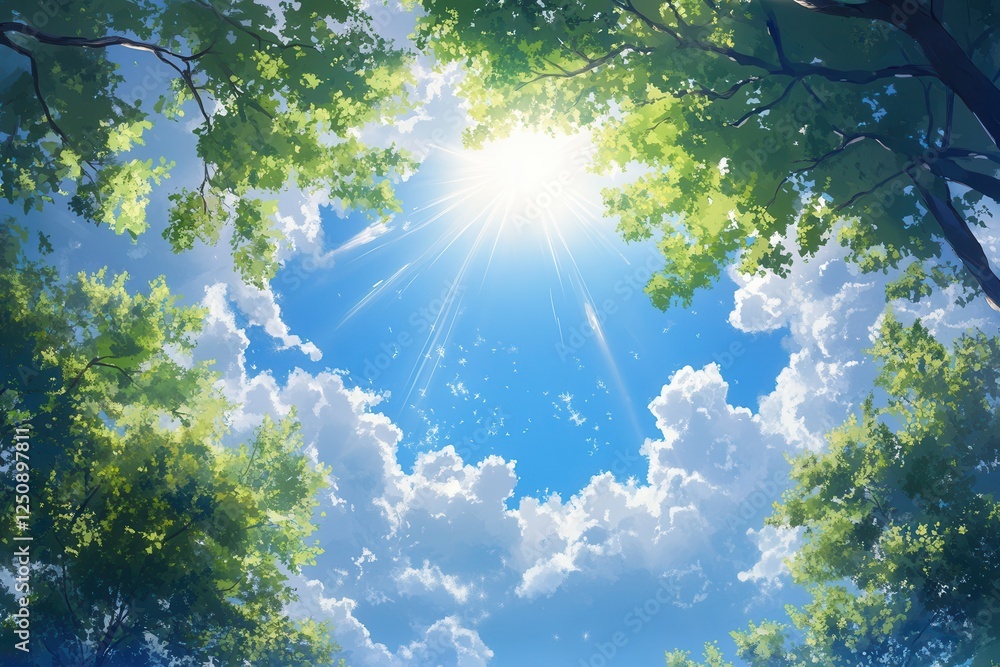 Poster sunlight shining through tree branches and clouds in a blue sky .