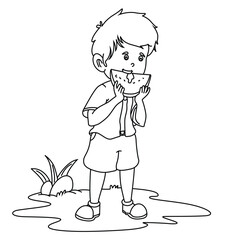 Cute cartoon hand drawn vector boy eating watermelon coloring page.