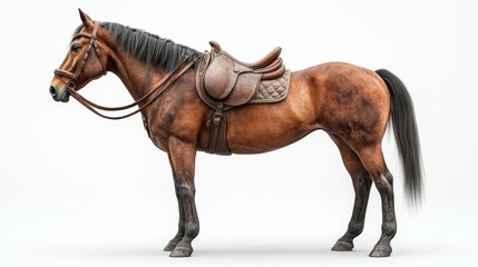 Obraz premium Brown Horse with Saddle Against White Background