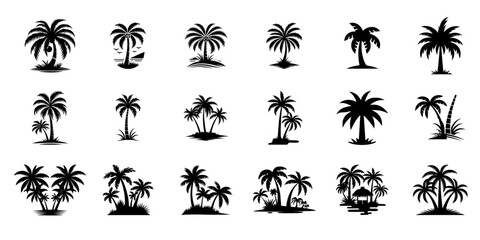 Palm trees, coconut tree silhouettes set illustration. stock illustration logo icon png. tropical, beach, landscape, pattern, paradise, coconut background.