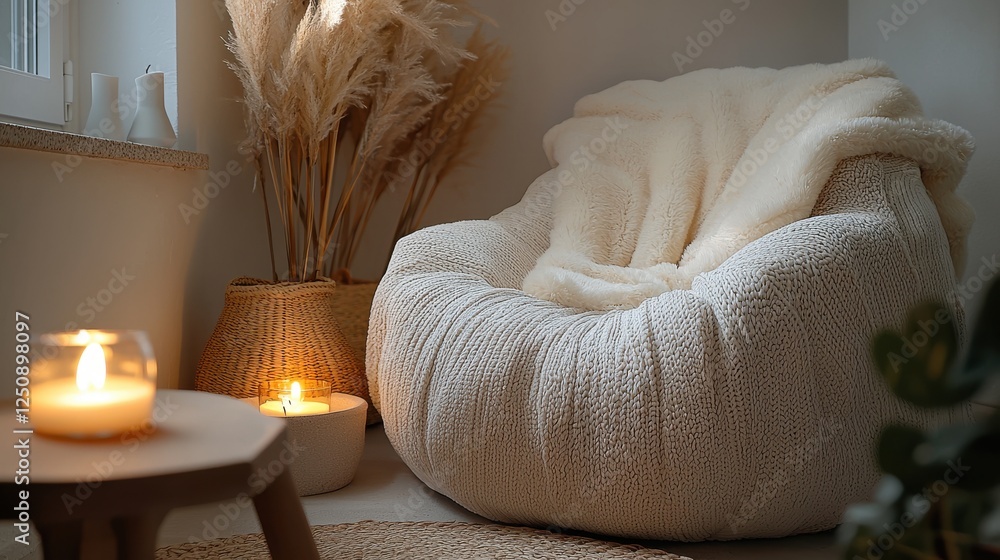 Poster create a serene retreat with plush seating, soft blankets, and warm candles for ultimate self-care a