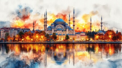 Fototapeta premium Sunset Mosque Waterfront Cityscape Painting