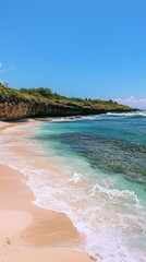 Obraz premium Serene Beach Landscape with Clear Water and Lush Greenery