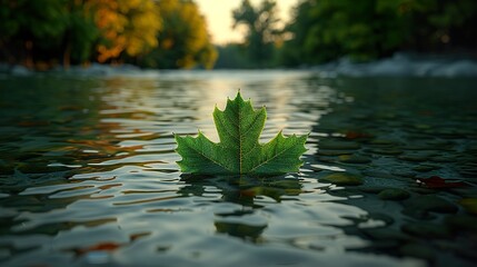 Naklejka premium Green leaf floating on water professional photography HD 8K wallpaper Photographic Image