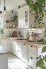 Bright White Kitchen with Wooden Accents and Plants