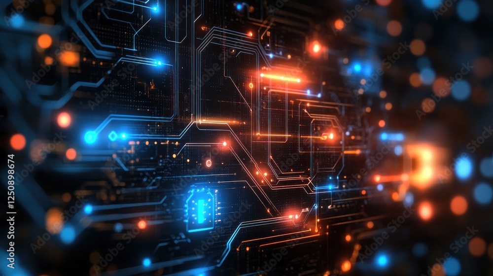 Poster abstract glowing circuit board texture with orange and blue lights.
