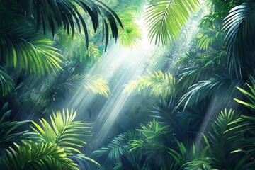 Sunbeams Through Dense Tropical Rainforest Canopy .