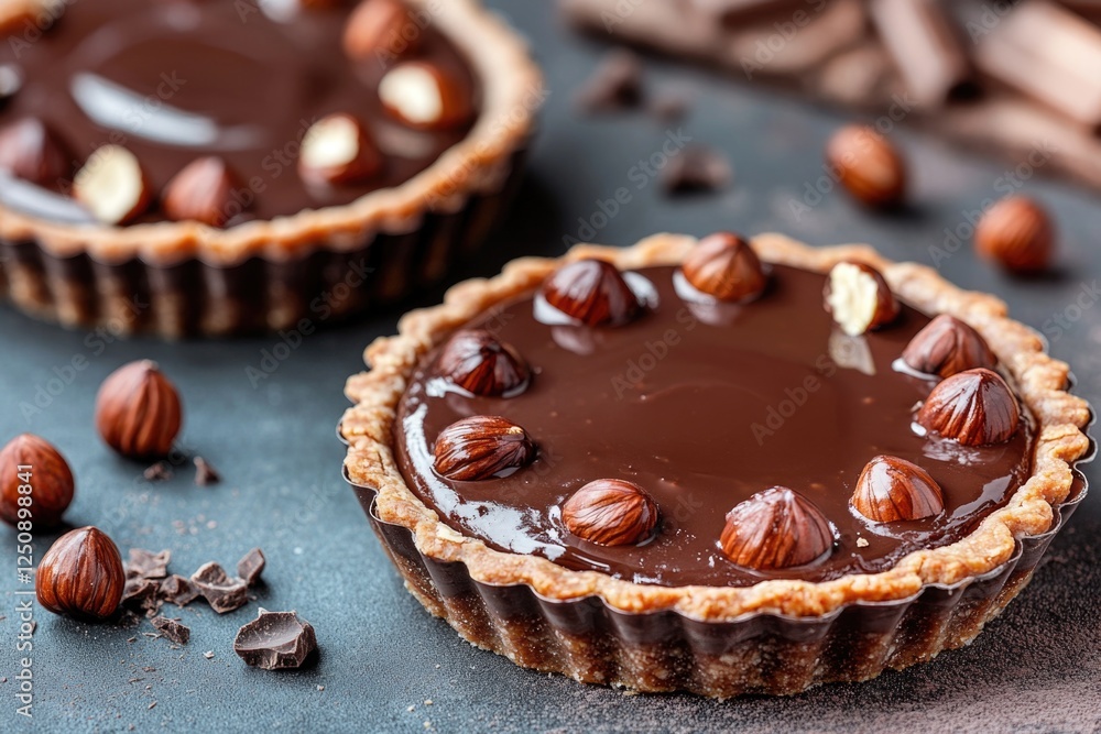 Poster two delicious chocolate tarts with nuts on a table, perfect for serving and snacking