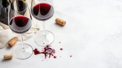 Red Wine Glasses on White Background with Spilled Wine and Corks in Cozy Atmosphere for Dining and Celebrations