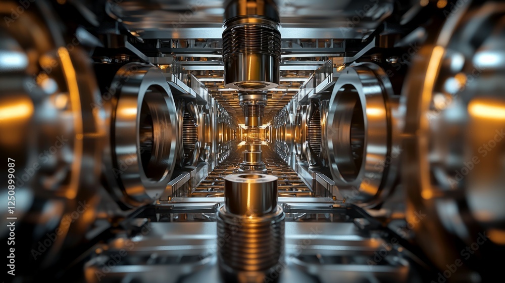 Poster intricate metallic machinery with reflections and light patterns