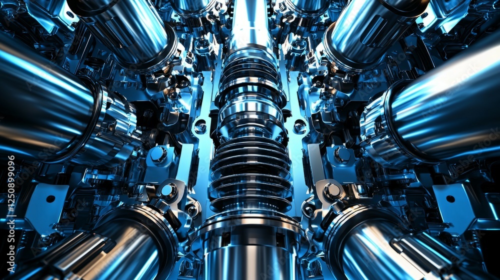 Poster close-up view of metallic mechanical components in futuristic design