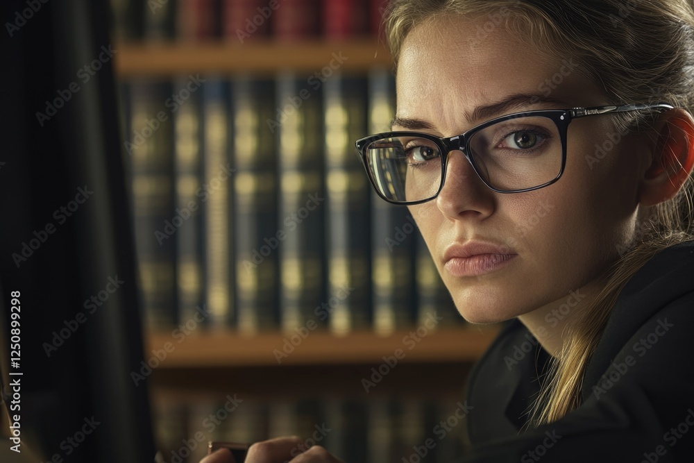 Poster a person wearing glasses sits in front of a computer screen, typing or browsing