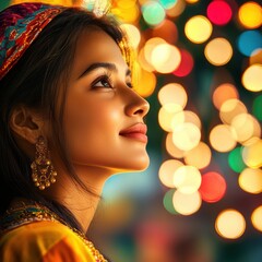 Fototapeta premium Young Woman in Traditional Attire Gazing Upward Against a Background of Colorful Blurred Lights