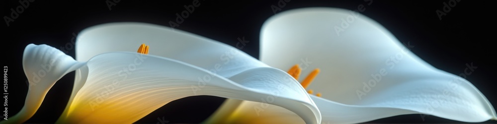 Poster a close-up shot of two white flowers on a table, suitable for use in editorial or commercial setting