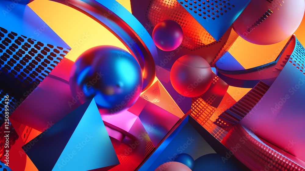 Poster abstract 3d render of colorful geometric shapes and spheres.