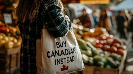 Person shopping with reusable bag promoting local produce at market in autumn