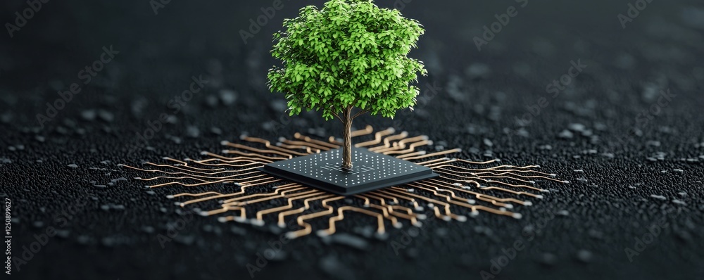 Poster microchip embedded in tree roots blending technology and nature a surreal and visionary digital depi