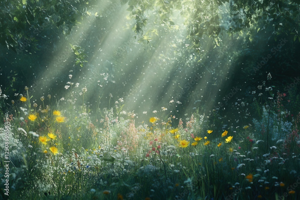 Poster sunbeams illuminating a field of wildflowers with a bokeh effect in a forest .