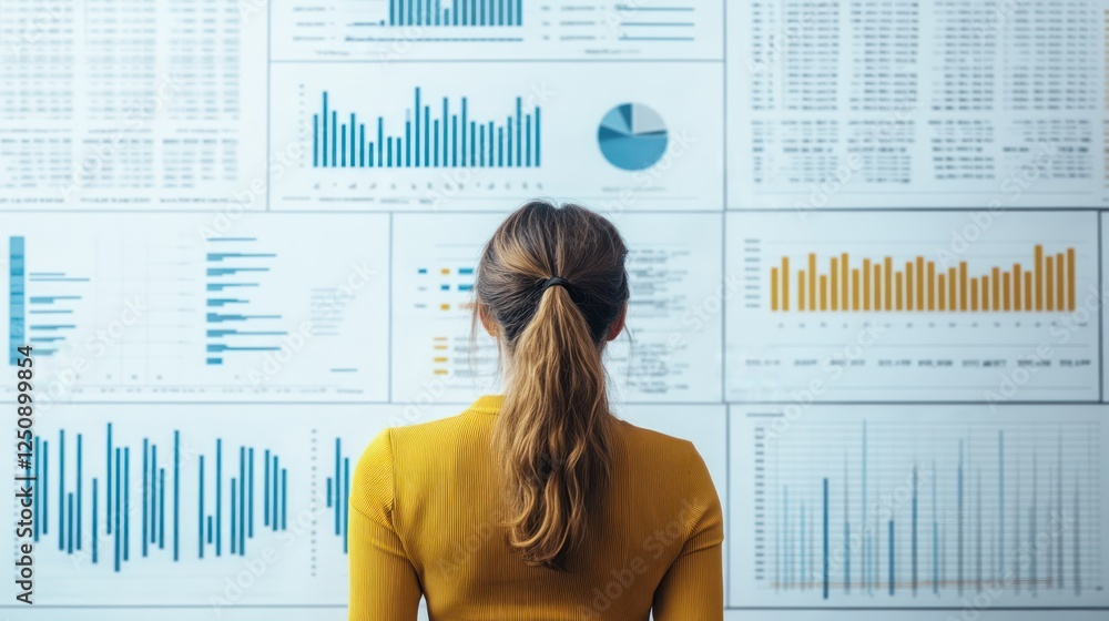 Poster professional woman analyzing business data on charts and graphs in modern office environment