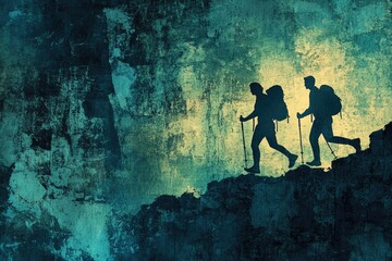 Obraz premium Two hikers with backpacks ascend a rugged mountain path, their silhouettes stark against a textured backdrop.