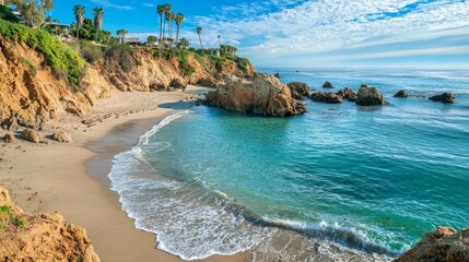 Fototapeta premium Serene Coastal Landscape with Waves and Golden Sands in Daylight