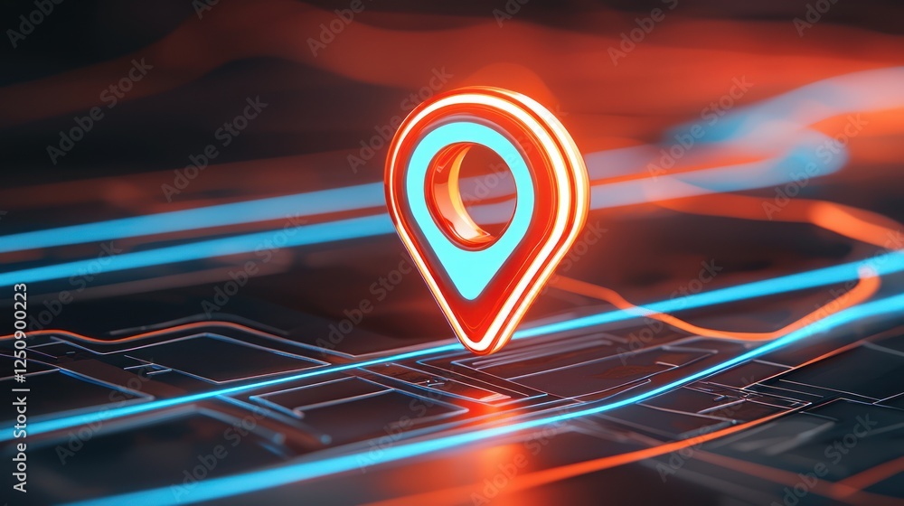 Poster Neon Location Pin Symbol on Abstract Digital Background for Mapping and Navigation Concepts