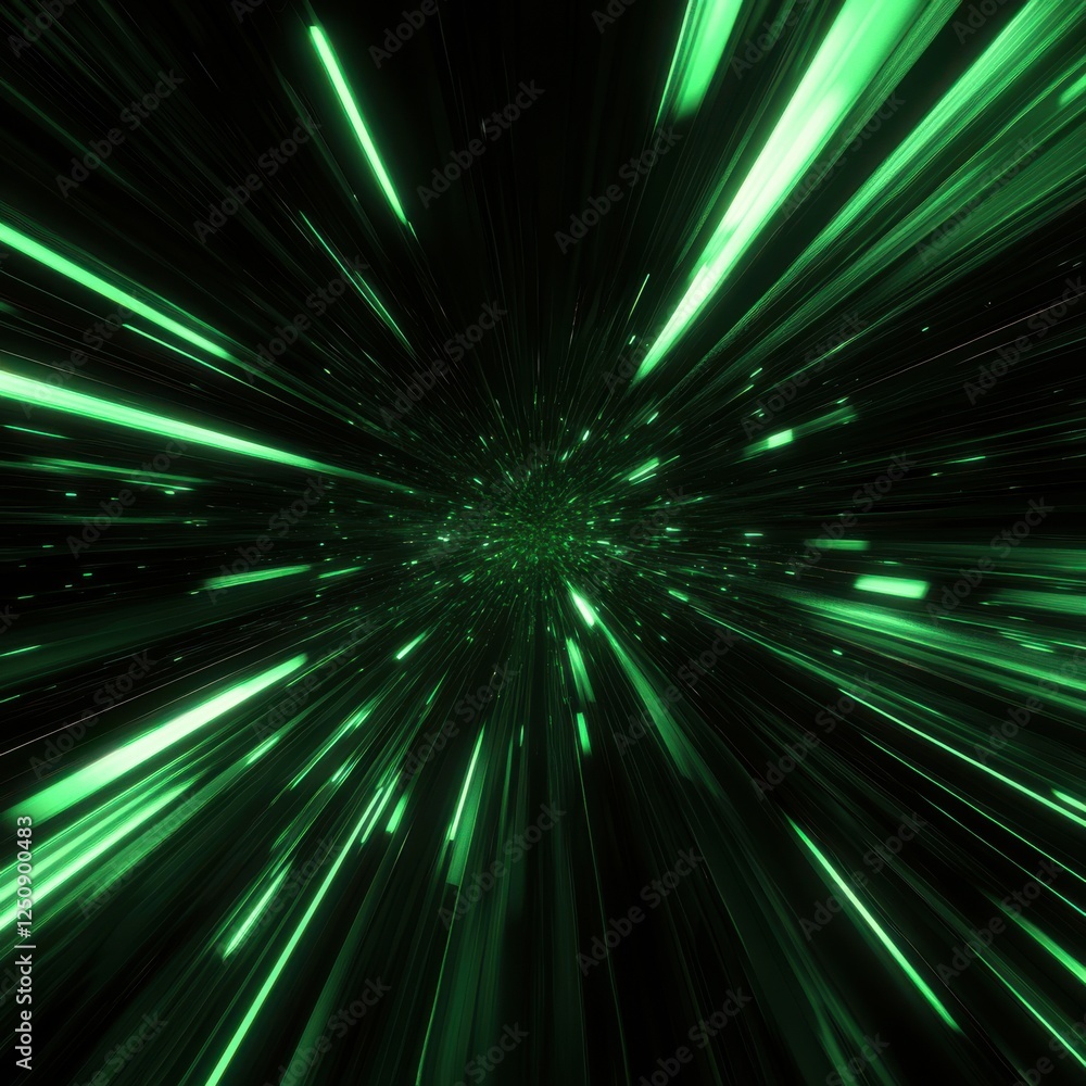 Poster captivating journey through a fast-paced green and black abstract universe with vibrant light trails