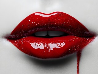 Obraz premium Glossy Red Lips on a clean white background and Close-Up Detail