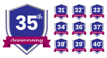 31st, 32nd, 33rd, 34th, 35th, 36th, 37th, 38th, 37th, 40 Anniversary. Anniversary sign collection isolated on white background. Vector illustration EPS 10 File.