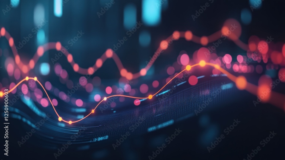 Aufkleber abstract glowing lines and data points forming a wave-like graph on a dark background.