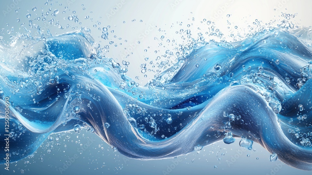 Poster Soft blue waves ripple gently, creating an enchanting flow as droplets catch the light. This tranquil moment captures the serene beauty of water in motion, inviting a sense of peace and harmony