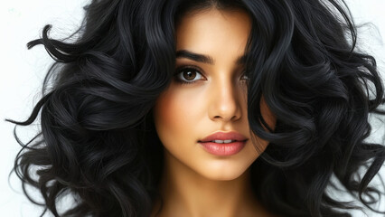 Naklejka premium Stunningly beautiful young pretty woman with long curly black hair with big black eyes posing in front of the camera. Close-up portrait.