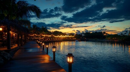 Fototapeta premium Tranquil Sunset Over Water with Lighted Pathway and Tropical Vibes