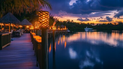 Fototapeta premium Serene Sunset Over Calm Waters at Tropical Resort with Lanterns