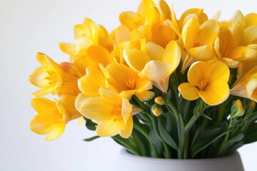 A bunch of bright yellow flowers arranged in a clean white vase