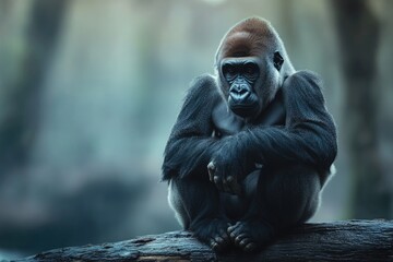 Obraz premium A gorilla sitting comfortably on a tree branch, with lush foliage in the background