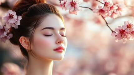Fototapeta premium Serene woman with closed eyes amidst blooming cherry blossoms.