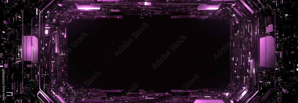 Fototapete Intricate techno-inspired design with a vivid purple digital frame contrasting against a deep black backdrop creating a mesmerizing visual experience filled with energy and depth