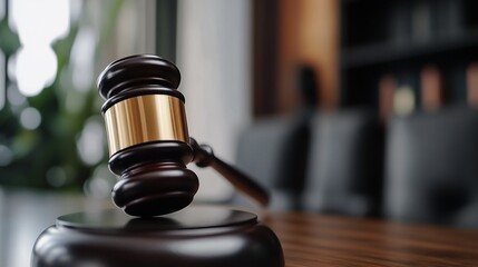 Gavel on Wooden Table in Law Office: Symbol of Justice and Legal Decisions