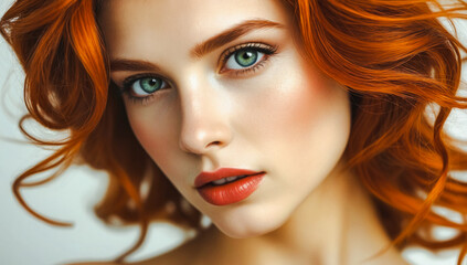 Fototapeta premium Portrait of a beautiful model with red hair directly looking into the camera with her big eyes.