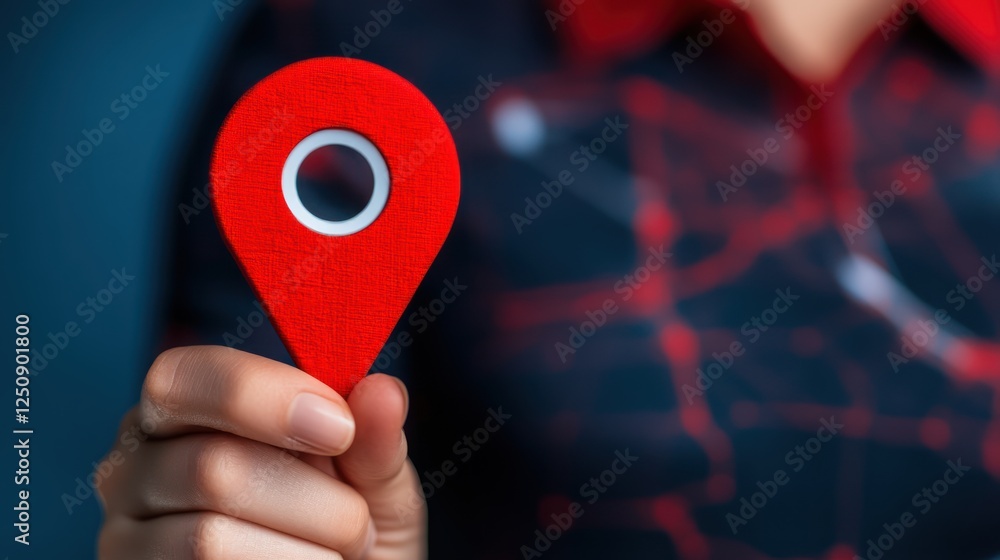 Aufkleber Red Location Pin Held by Person on Blue Background Symbolizing Navigation and Mapping Concepts in Modern Day Travel