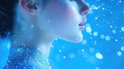 Fototapeta premium A woman with glitter on her face standing in snowy surroundings