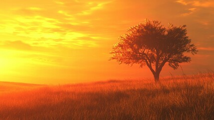 Obraz premium Serene Sunset Over Golden Field with Lone Tree Silhouette