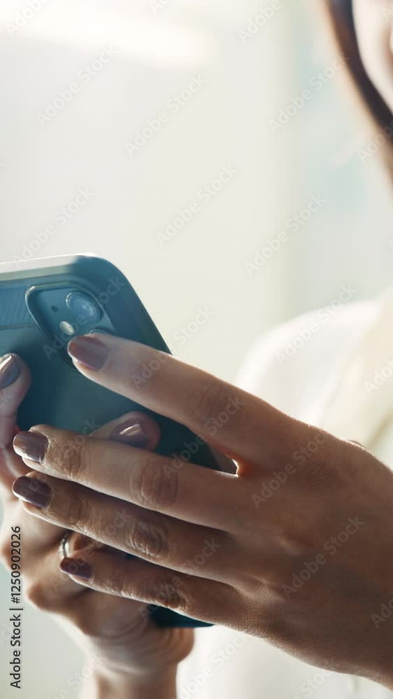 Poster chat, phone and hands of business woman in office for email response, connection and client feedback
