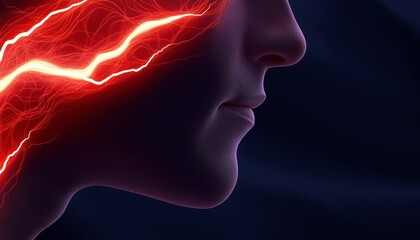 Obraz premium Profile of a Mysterious Face with Energetic Red Lightning Strikes