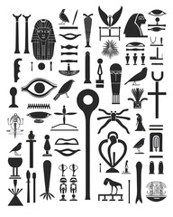 Obraz premium Ancient Egyptian hieroglyph icons with gods, ankh and scarab symbols